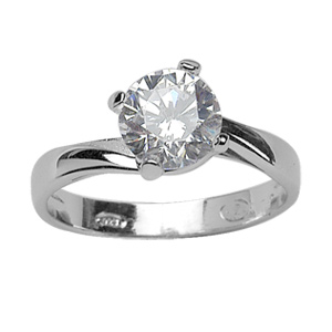 Bague en argent rhodi solitaire en oxyde blanc serti 4 griffes sur monture tournante paisse - Vue 1