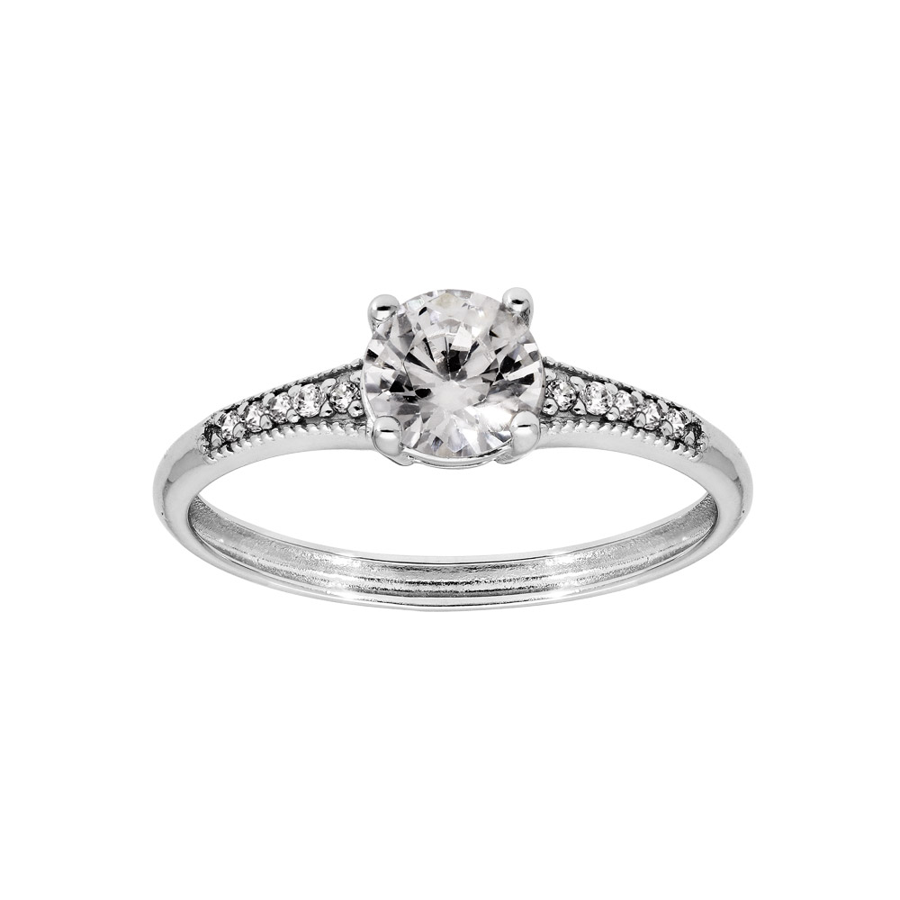 Bague en argent rhodi� solitaire et oxydes blancs sertis 4 griffes - Vue 1