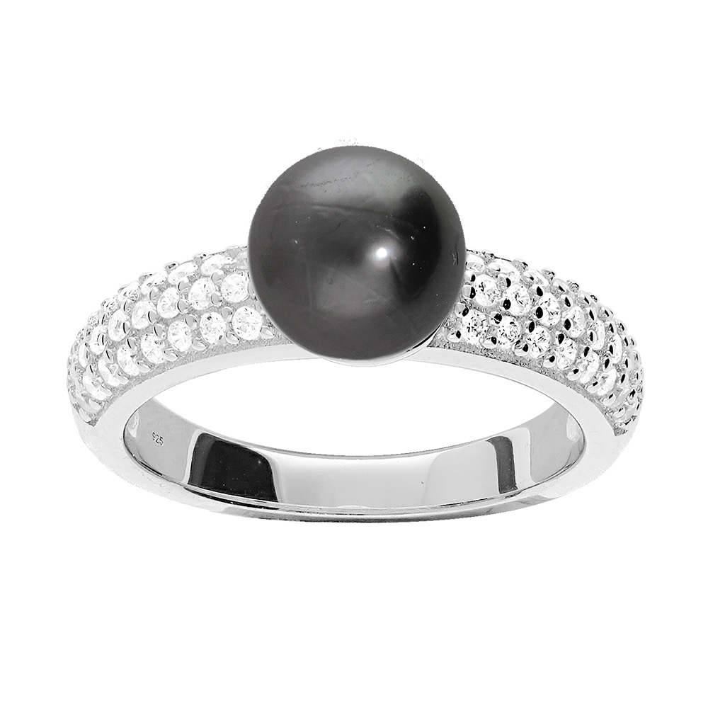 Bague en argent rhodi� solitaire Perle de culture de Tahiti v�ritable et oxydes blancs sertiis - Vue 1