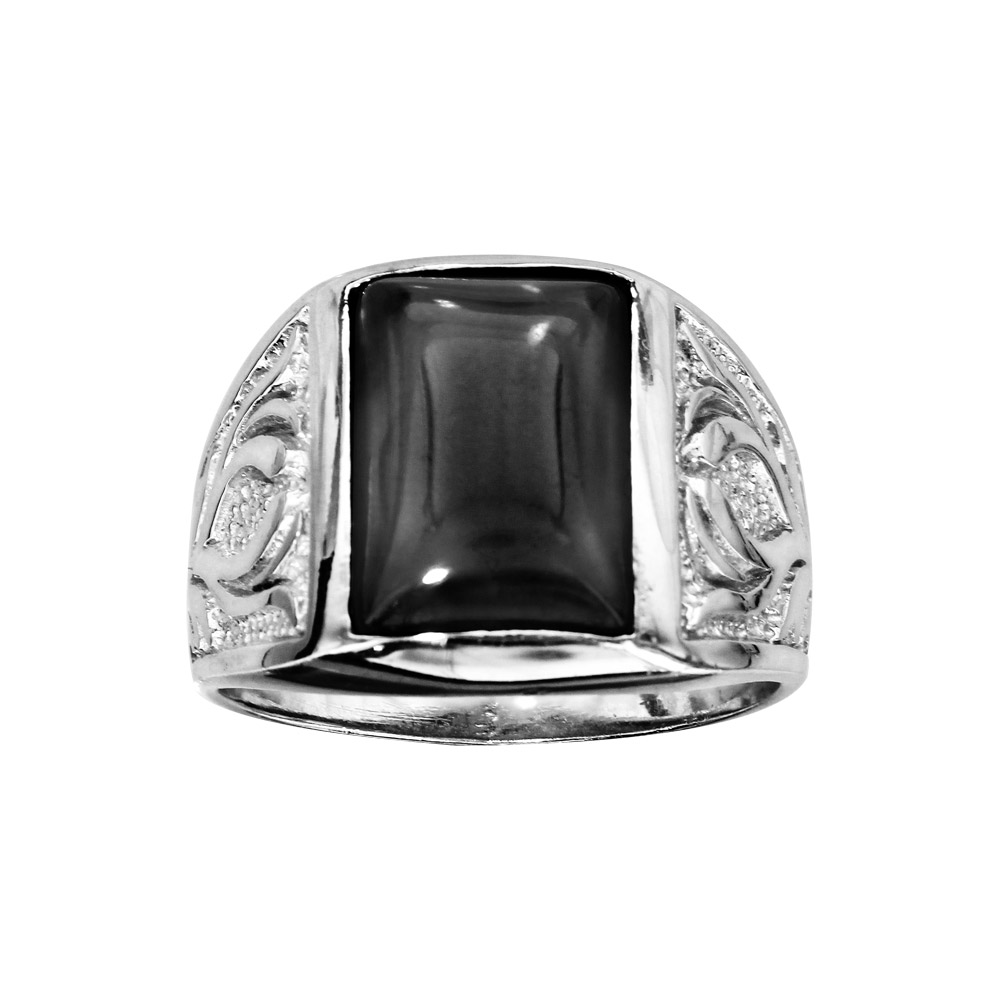Bague en argent rhodi style Chevalire plateau rectangulaire en Agate noire - Vue 1