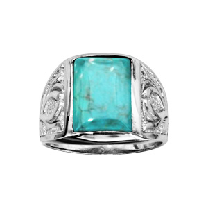 Bague en Argent rhodi style Chevalire plateau rectangulaire en Turquoise de synthse - Vue 1