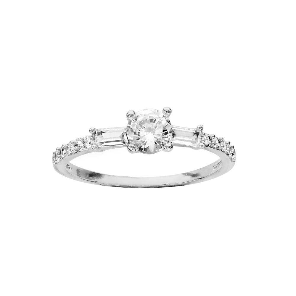 Bague en argent rhodi� style solitaire avec petits oxydes blancs - Vue 1