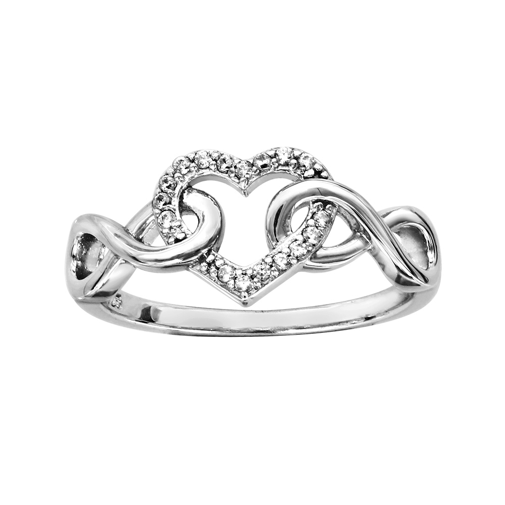 Bague en argent rhodi� symboles infini lisses emmaill�s avec 1 coeur �vid� orn� d\'oxydes blancs sertis - Vue 1