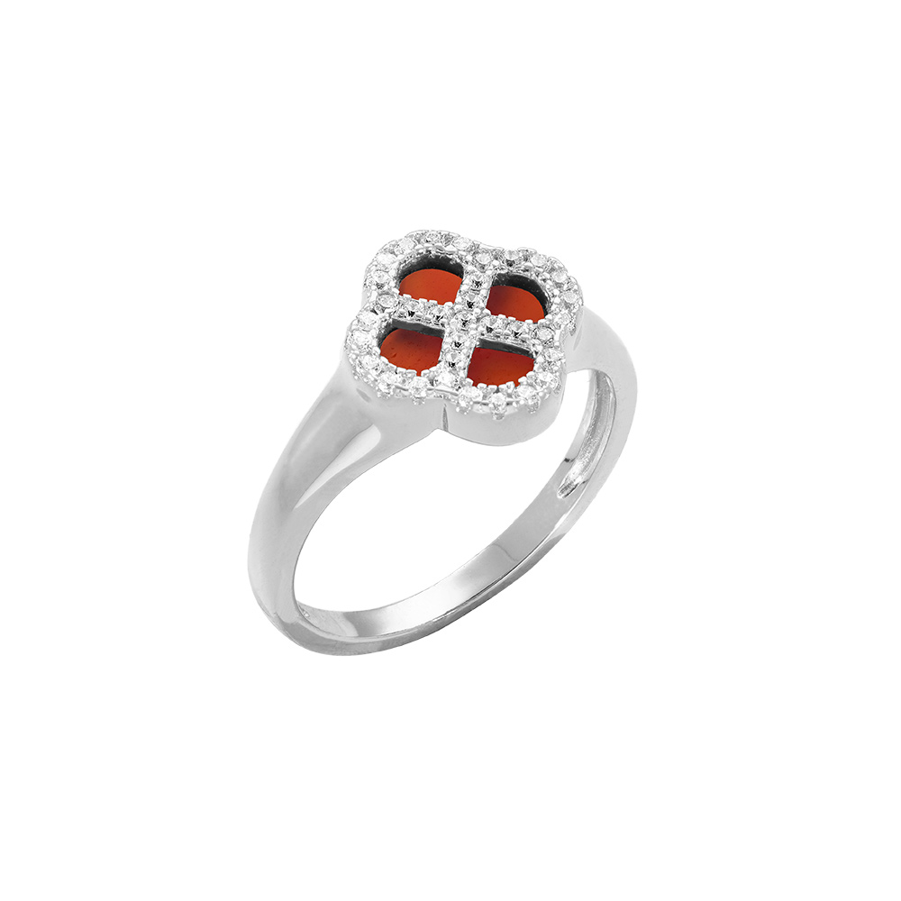 Bague en argent rhodi trfle agate rouge vritable, contour d\'oxydes blancs - Vue 1