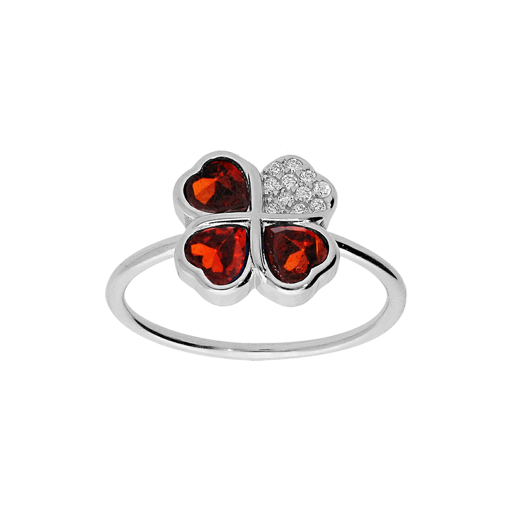 Bague en argent rhodi� tr�fle et coeur 10 mm avec oxydes rouge - Vue 1