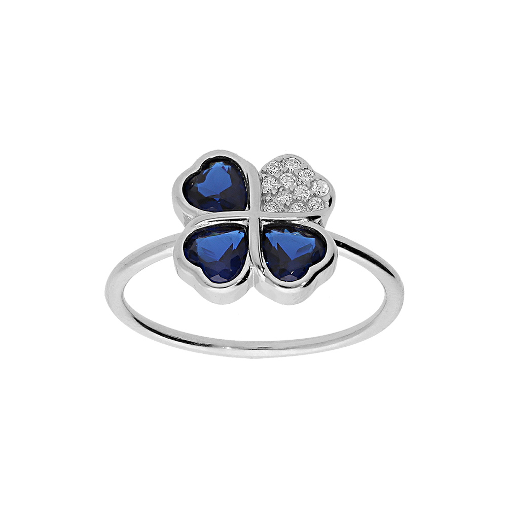 Bague en argent rhodi� tr�fle et coeur 10mm avec oxydes bleus - Vue 1