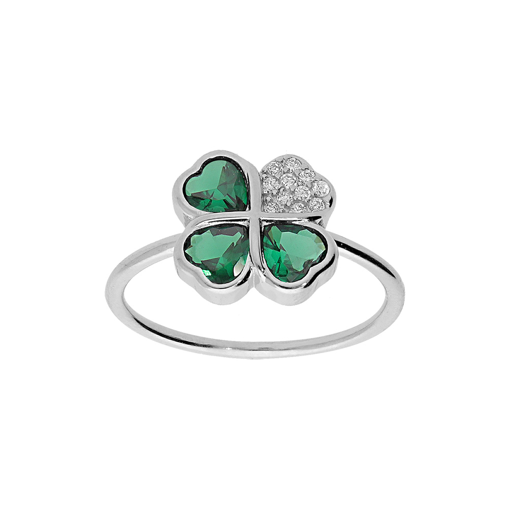 Bague en argent rhodi� tr�fle et coeur 10mm avec oxydes verts - Vue 1