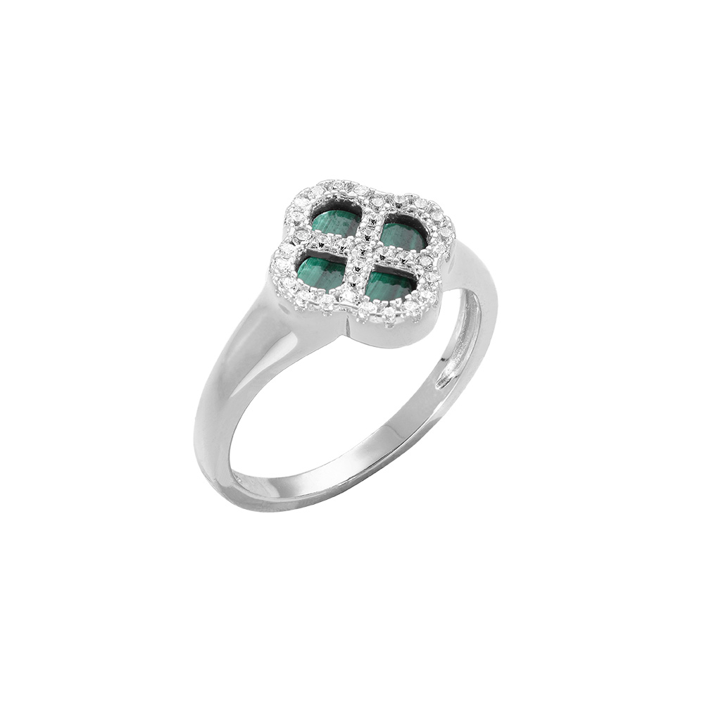 Bague en argent rhodi trfle malachite, contour oxydes blancs - Vue 1