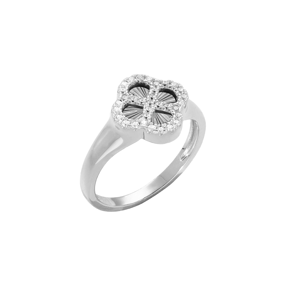 Bague en argent rhodi� tr�fle sur fond diamant�, contour d\'oxydes blancs - Vue 1