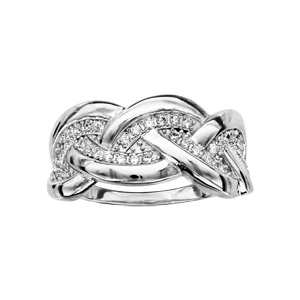 Bague en argent rhodié tresse en brins doublés lisses et ornés d\'oxydes blancs sertis - Vue 1