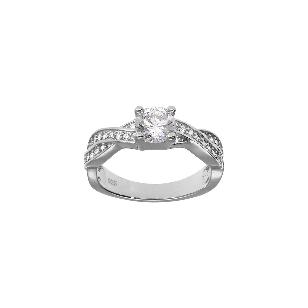 Bague en argent rhodi tresse, solitaire d\'oxydes blancs - Vue 1