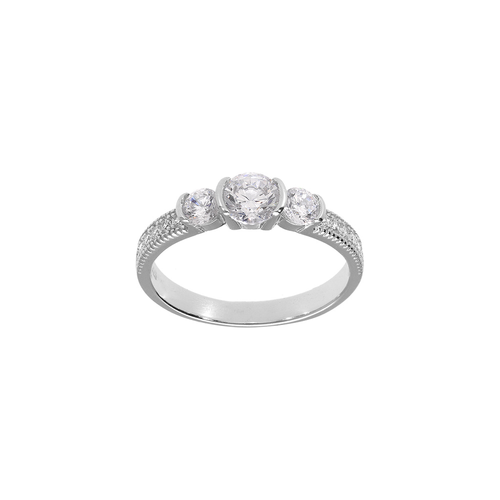 Bague en argent rhodi, trilogie d\'oxydes blancs - Vue 1