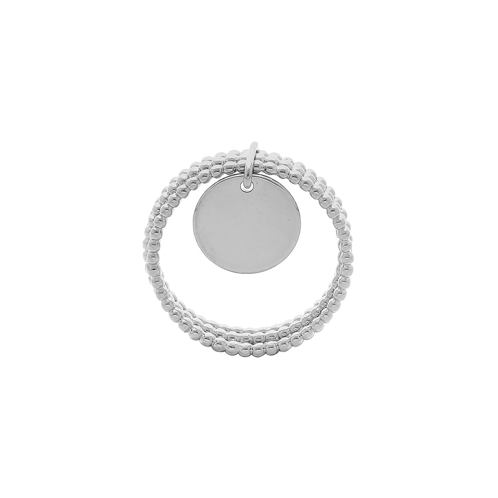 Bague en argent rhodi� triple anneaux boules avec pastille lisse � graver - Vue 1