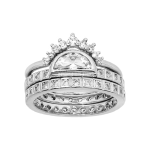 Bague en argent rhodié triples anneaux et oxydes blancs sertis - Vue 1
