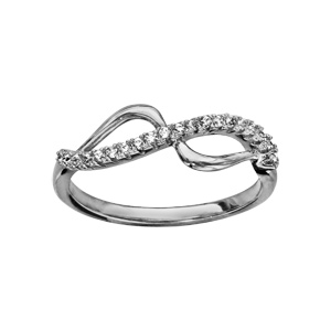 Bague en argent rhodi 2 vagues, 1 en rail d\'oxydes blancs sertis et l\'autre lisse - Vue 1