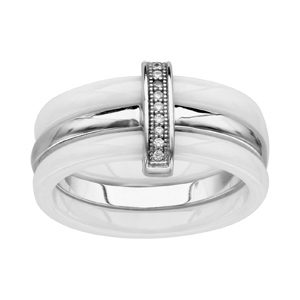 Bague en cramique blanche 3 anneaux, 2 anneaux en cramique blanche et 1 anneau au milieu en argent rhodi avec barrette centrale orne d\'oxydes blancs - Vue 1