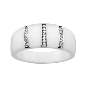 Bague en céramique blanche avec 3 barrettes alignées en argent rhodié et oxydes blancs micro-sertis - Vue 1