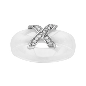 Bague en céramique blanche avec 2 barrettes en argent rhodié croisées et oxydes blancs micro-sertis - Vue 1