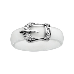 Bague en cramique blanche avec boucle de ceinture en argent rhodi et oxydes blancs sertis - Vue 1