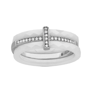 Bague en céramique blanche facetée 3 anneaux dont 1 au centre en argent rhodié orné d\'oxydes blancs - Vue 1