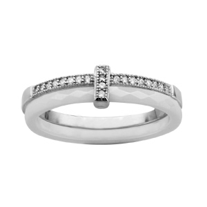 Bague en cramique blanche facette 2 anneaux dont 1 anneau en Argent rhodi avec demi rail d\'oxydes blancs sertis - Vue 1