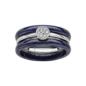 Bague en cramique bleu 3 anneaux,  2 anneaux en cramique bleu nuit et 1 anneau central en argent rhodi, orns d\'un solitaire avec oxydes blancs sertis clos - Vue 1