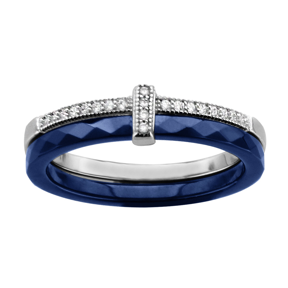 Bague en c�ramique bleu 2 anneaux, 1 en c�ramique bleu facett� et 1 en argent rhodi� avec rail central d\'oxydes blancs sertis - Vue 1