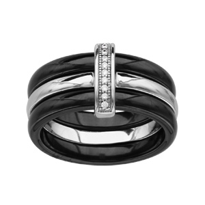 Bague en cramique noire  3 anneaux,  2 anneaux en cramique noire et 1 anneau central en argent rhodi avec rail orne d\'oxydes blancs - Vue 1