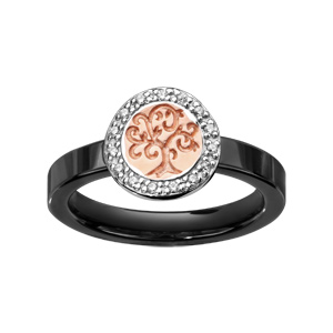 Bague en céramique noire avec arbre de vie plaqué or rose et oxydes blancs sertis - Vue 1