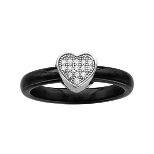 Bague en céramique noire avec coeur en argent rhodié pavé d\'oxydes blancs micro-sertis - Vue 1