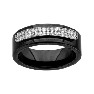 Bague en céramique noire avec demi-rail en argent rhodié et oxydes blancs micro-sertis - Vue 1