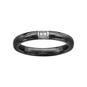 Bague en céramique noire avec élément en argent orné de deux oxydes blancs sertis - Vue 1