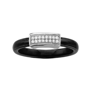 Bague en céramique noire avec élément long en argent rhodié et oxydes blancs micro-sertis - Vue 1