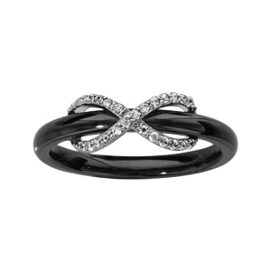 Bague en cramique noire avec gros infini ajour en argent rhodi et oxydes blancs sertis - Vue 1