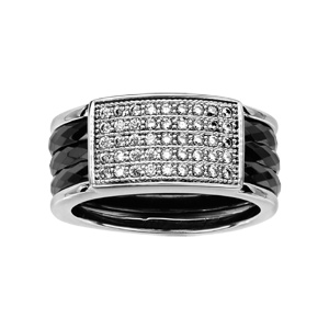 Bague en cramique noire facette 3 anneaux  avec gros rectangle en argent rhodi pav d\'oxydes blancs sertis - Vue 1