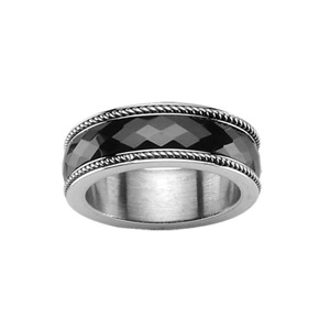 Bague en céramique noire facettée avec bande et bords fils torsadés en acier 8mm - Vue 1