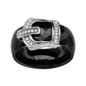 Bague en cramique noire facette avec boucle de ceinture en argent rhodi et oxydes blancs micro-sertis - Vue 1