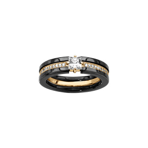 Bague en céramique noire 1 rail central d\'oxydes blancs sertis et 1 oxyde carre blanc serti - Vue 1