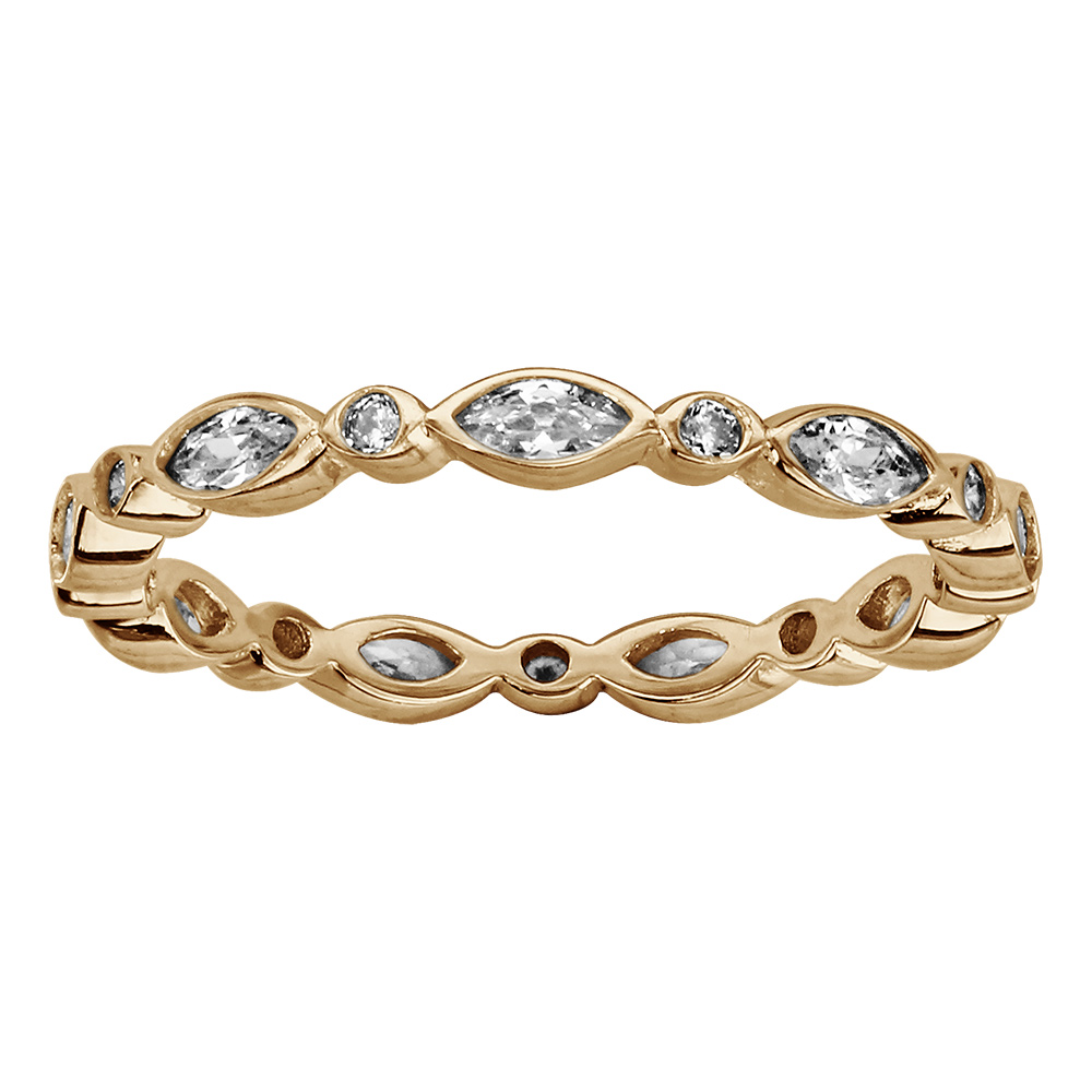 Bague en plaqu� or alternance d\'oxydes blancs sertis en forme de navette et ronds - Vue 1
