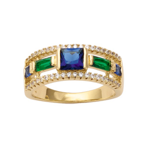 Bague en plaqu or anneau avec pierre verre bleue et verte avec petits oxydes blancs - Vue 1