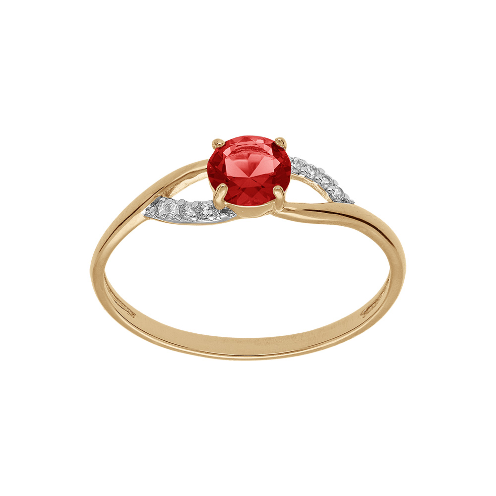 Bague en plaqu or anneau fin avec oxyde rouge au centre et dcoration oxydes blancs sertis - Vue 1