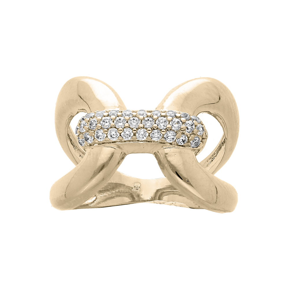 Bague en plaqu or anneau reli par barre d\'oxydes blancs sertis - Vue 1