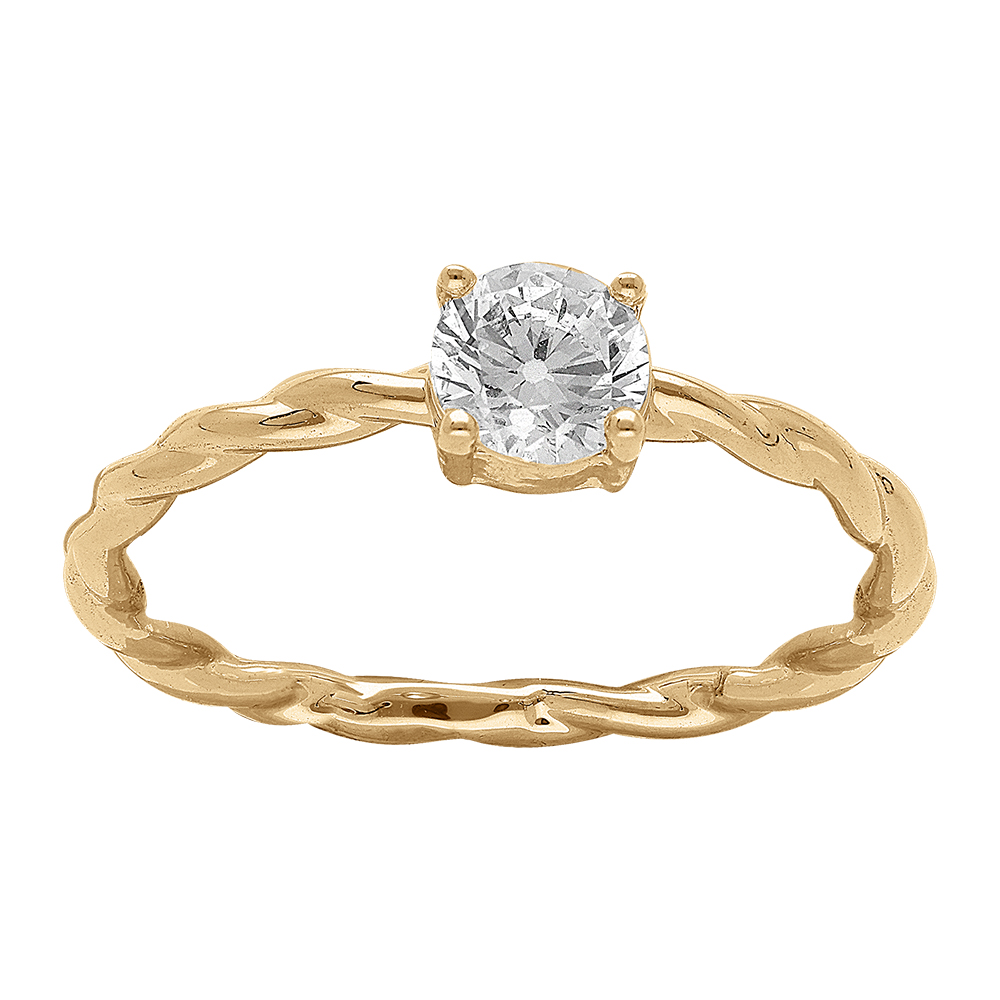 Bague en plaqu� or anneau torsad� avec solitaire oxyde blanc serti - Vue 1