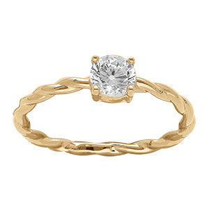 Bague en plaqu or anneau torsad avec solitaire oxyde blanc serti