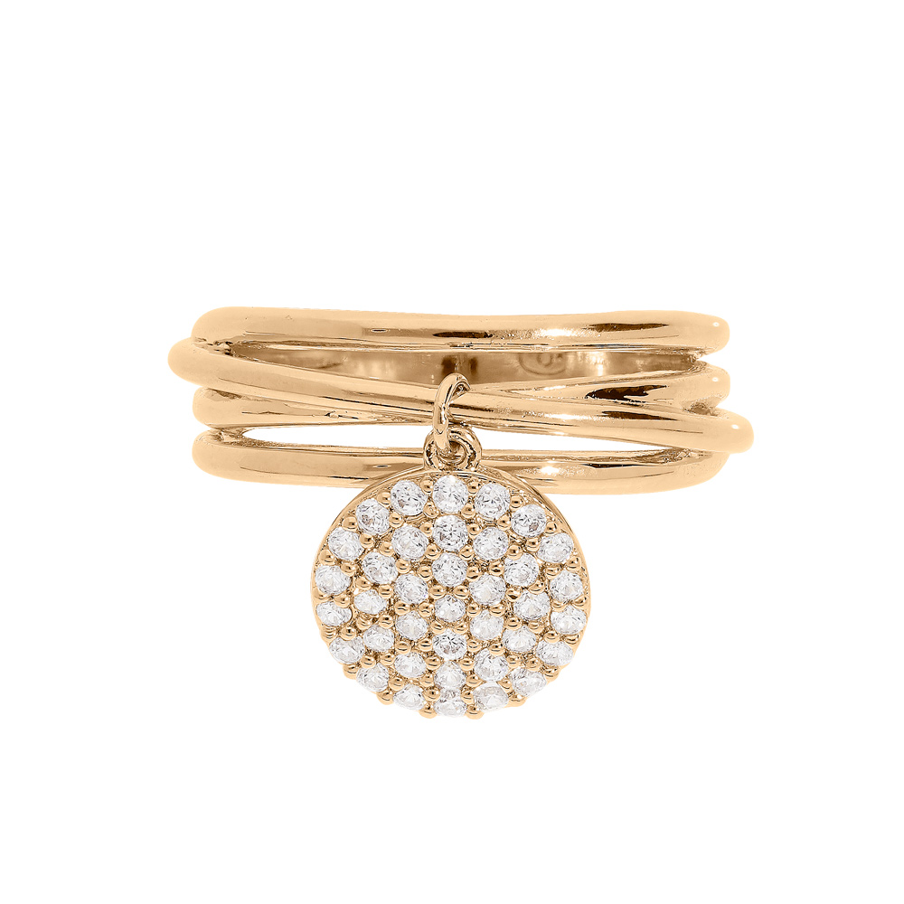 Bague en plaqu� or 4 anneaux r�unis et pampille ronde pav�e d\'oxydes blancs - Vue 1