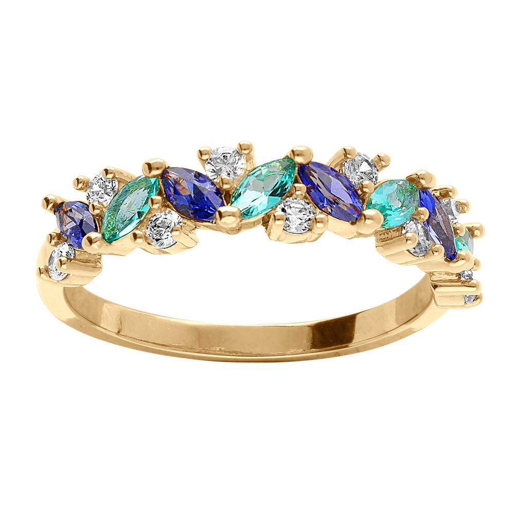 Bague en plaqu� or avec alternance pierre navettes bleu iris� et vert lagon rehauss�e d\'oxydes blancs - Vue 1