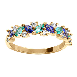 Bague en plaqu� or avec alternance pierre navettes bleu iris� et vert lagon rehauss�e d'oxydes blancs