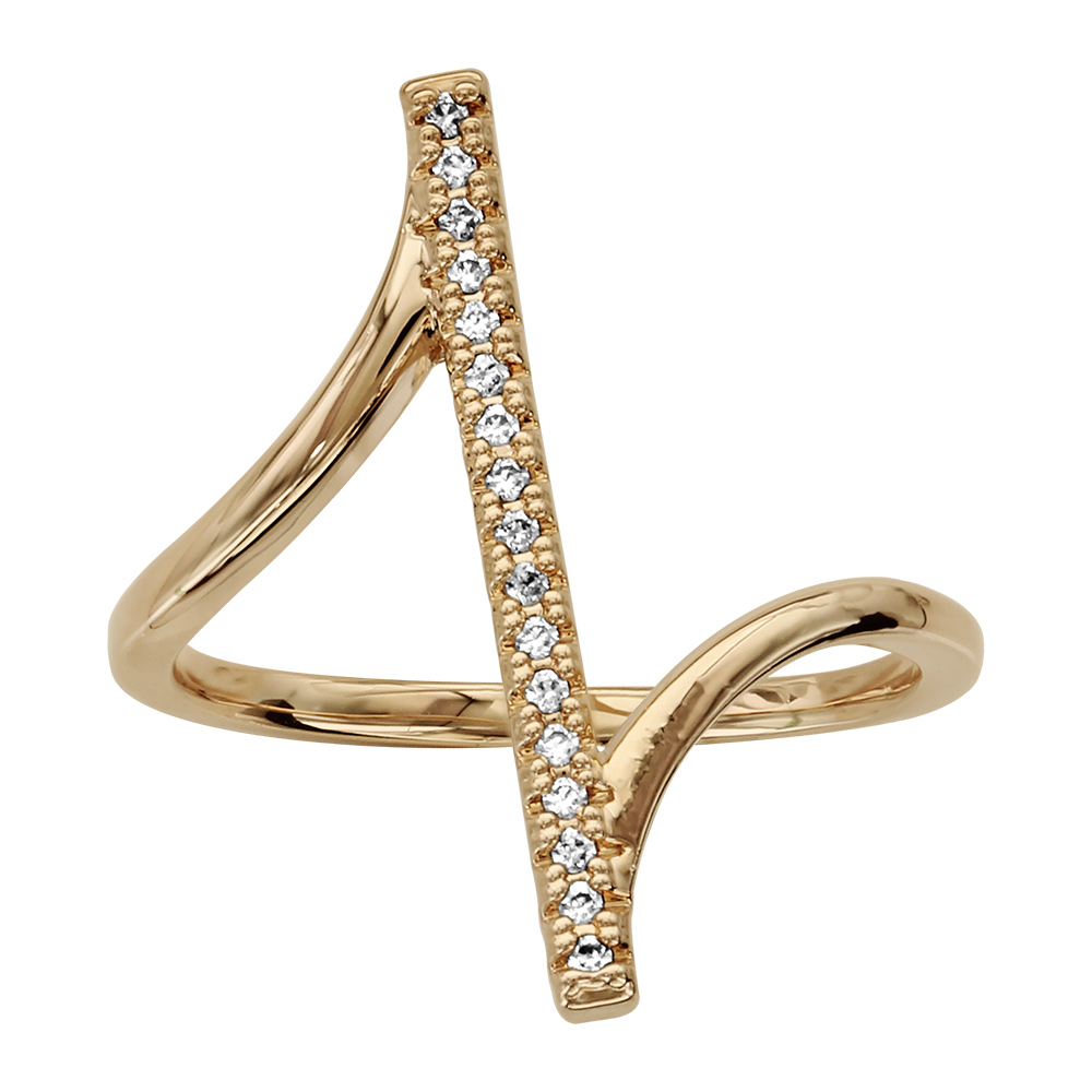 Bague en plaqu� or avec baguette en rail d\'oxydes blancs sertis retenue de chaque c�t� - Vue 1