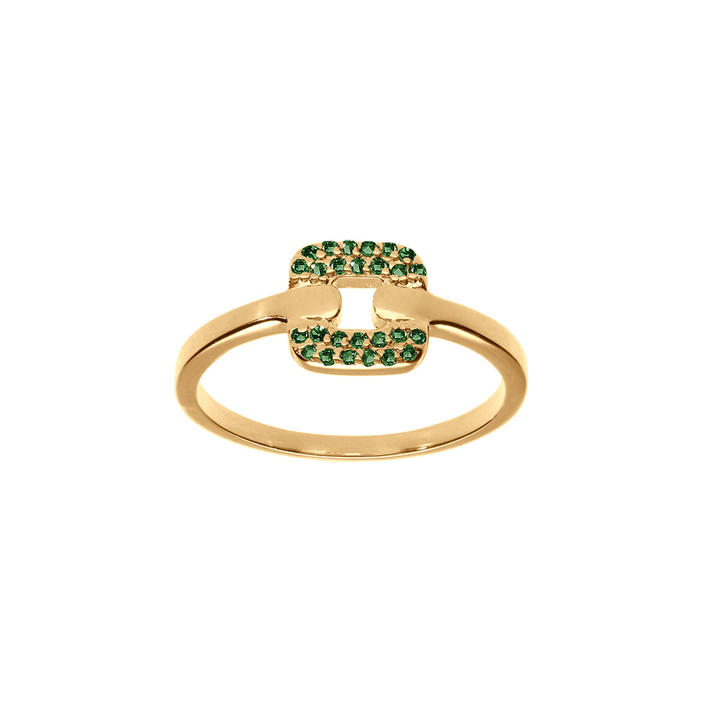 Bague en plaqu or avec carr central d\'oxydes verts sertis - Vue 1