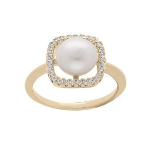 Bague en plaqu or avec carr d\'oxydes blancs et Perle de culture d\'eau douce blanche - Vue 1